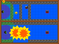 two top-down views of a level, the first divided by walls and the second showing the walls destroyed by cartoon explosions